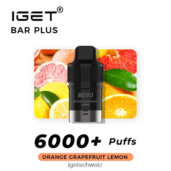 Nikotinfreier IGET vape shop Bar Plus Pod, 6000 Züge JNJRFD380 Orange, Grapefruit, Zitrone