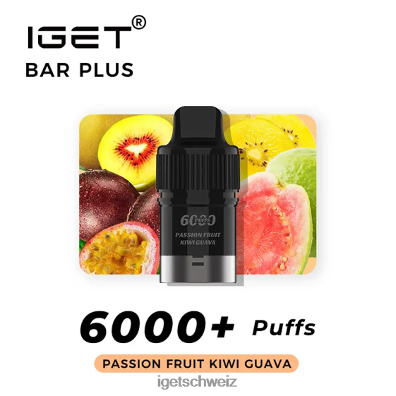 Nikotinfreier IGET bar Bar Plus Pod, 6000 Züge JNJRFD383 Passionsfrucht-Kiwi-Guave